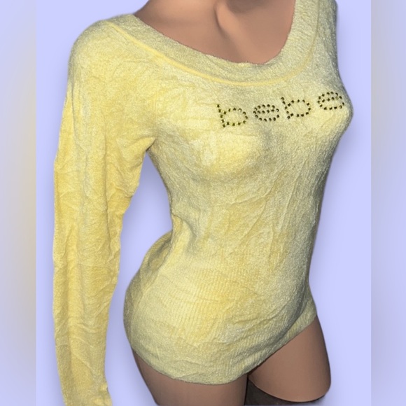 Bebe Swarovski long sleeve baby fur top crystals yellow y2k rare fuzzy sweater - Picture 2 of 7